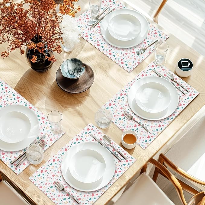 Cotton Linen Waterproof Placemats Set of 4, Pink Love Hearts Dining Mat Table Mats Decor Fabric for Kitchen Dinner Coffee Shop Table, Indoor/Outdoor Washable Wipeable Placemat -N032