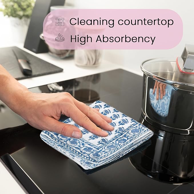 CPC Apatite Blue Hand Block Print Waffle Kitchen Towel Set of 3-16 x28 Ultra Absorbent Quick Dry Cotton Dish Towels Lightweight Reusable Sustainable Tea Towels for Cleaning and Drying