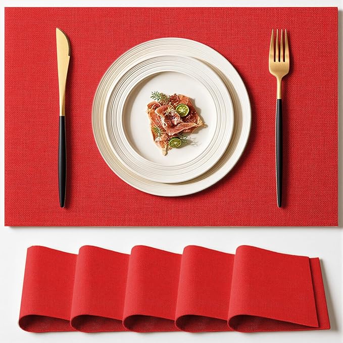 Placemats Set of 6 Linen Type Fabric Cloth Placemats, 18x12 Inch Double Layered Thick Wrinkle Free Heat Resistant Table Place, for Dining, Kitchen, Party (45 * 30cm, Red)