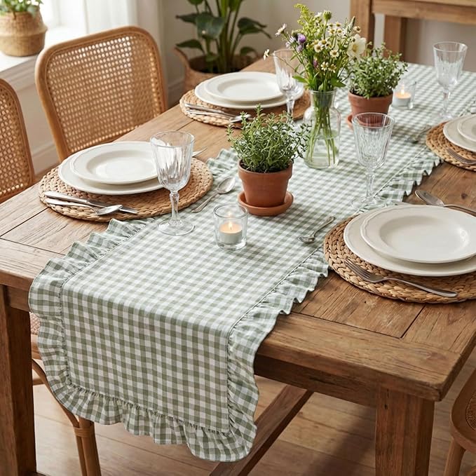 HunnmingRe 1 Pcs Sage Green Plaid Gingham Ruffle Table Runner 118 x 13.8'' Farmhouse Table Runner 100% Cotton Scalloped Long Dresser Scarves for Dining Room, Wedding, Kitchen Rustic Home Decor
