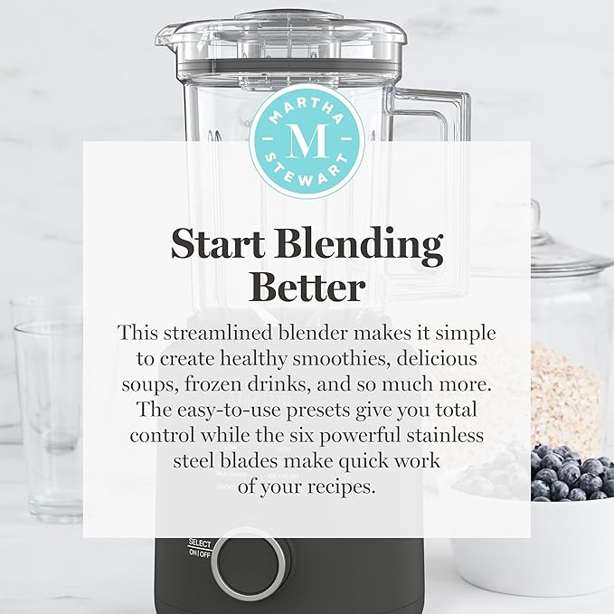 Martha Stewart Countertop Blender, 50oz Jar, 6 Stainless Steel Blades 3 Speeds & 5 Presets, Auto Clean, Smoothies, Crush Ice, Shakes, Chop, Margarita, Measurement Markings, 700W, Caviar Gray
