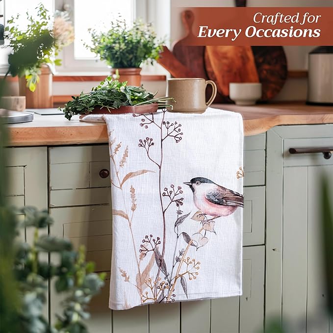 Maison d' Hermine Kitchen Towels Set of 3 100% Cotton 27.50" x 20" Reusable Cloth Dish Towels Absorbent with Hanging Loop for Kitchen Gifts for Mothers Day Spring/Summer (Meadow Florals - Brown)