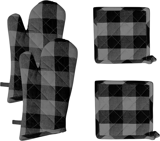 Native Fab Buffalo Plaid Check Oven Mitts and Pot Holders Set of 4, 100% Cotton Heat Resistant Kitchen Gloves, 2 Oven Mitts (7x13), 2 Pot Holders (8x8) for Cooking & Baking, Ash Grey Black