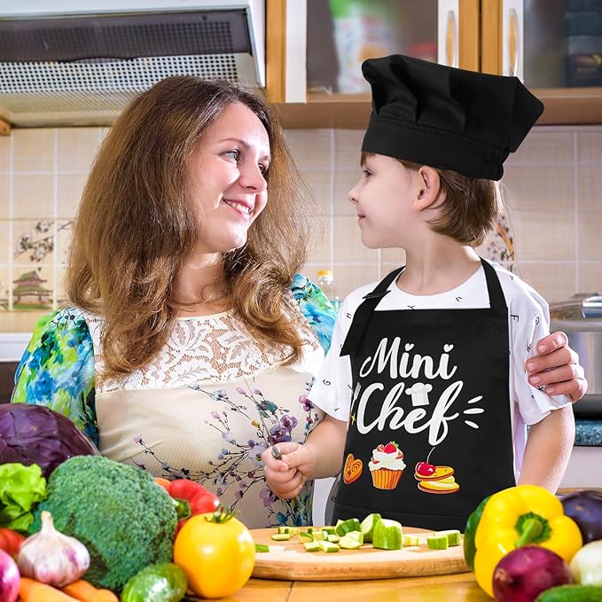 Kids Apron and Chef Hat Set, “Mini Chef” Funny Apron Adjustable Kitchen Apron for Boys and Girls