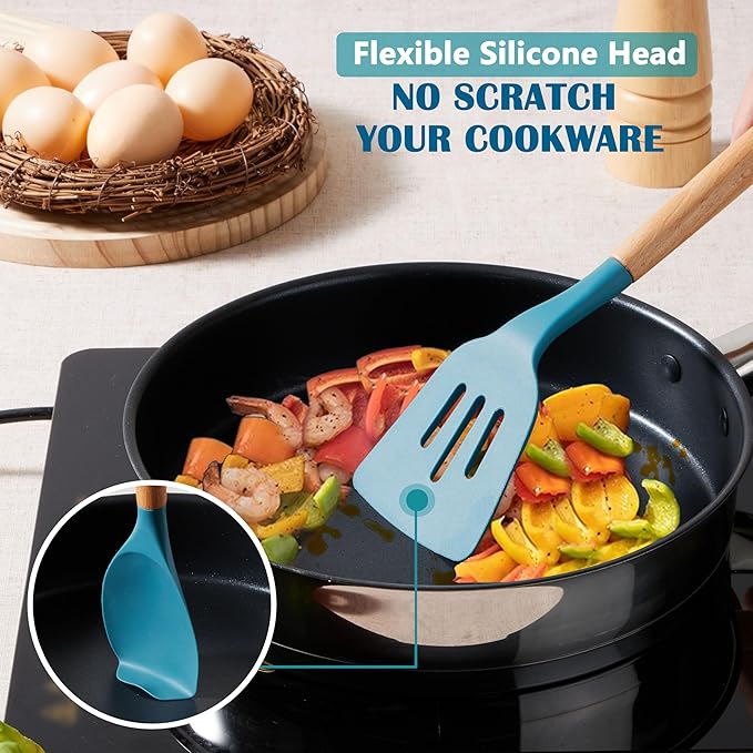 E-far Silicone Cooking Utensils Set, 5-Piece Kitchen Utensils Set with Wooden Handle for Cooking, Silicone Kitchen Nonstick Tools Spatula Turner Slotted Spoons, Nontoxic & Heat Resistant-Blue