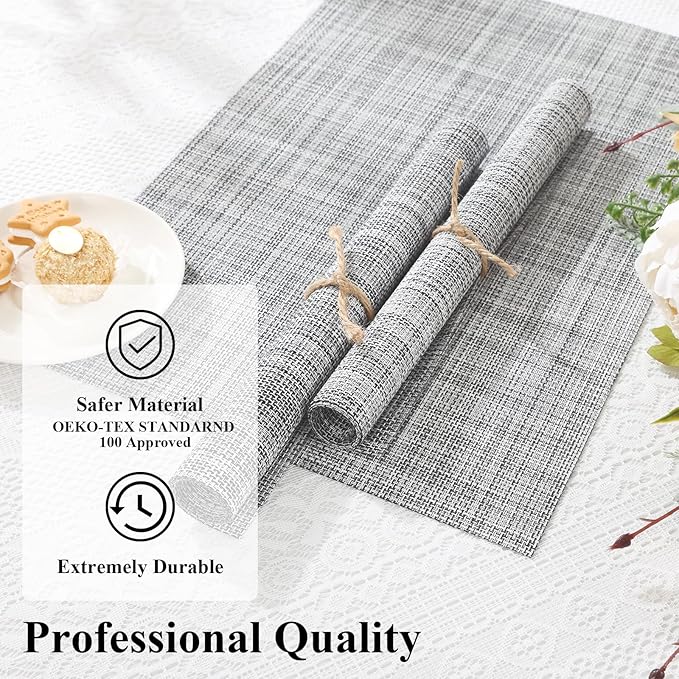 SHACOS Woven Vinyl Placemats Set of 4 Wipe Clean Reversible Table Mats Heat Resistant Wipeable Non Slip Place Mats Indoor Outdoor, Gray White