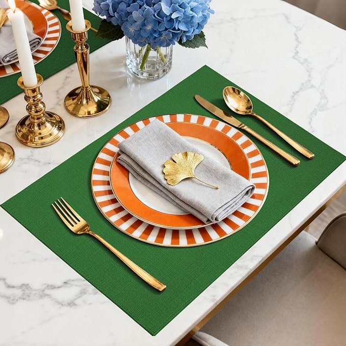 Placemats Set of 6 Linen Type Fabric Cloth Placemats, 18x12 Inch Double Layered Thick Wrinkle Free Heat Resistant Table Place, for Dining, Kitchen, Party (45 * 30cm, Dark Green)