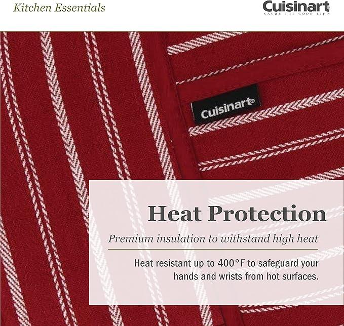 Cuisinart Neoprene Oven Mitts and Potholder Set-Heat Resistant Oven Gloves to Protect Hands and Surfaces with Non-Slip Grip, Hanging Loop-Ideal for Handling Hot Cookware Items, Twill Stripe Red Dahlia