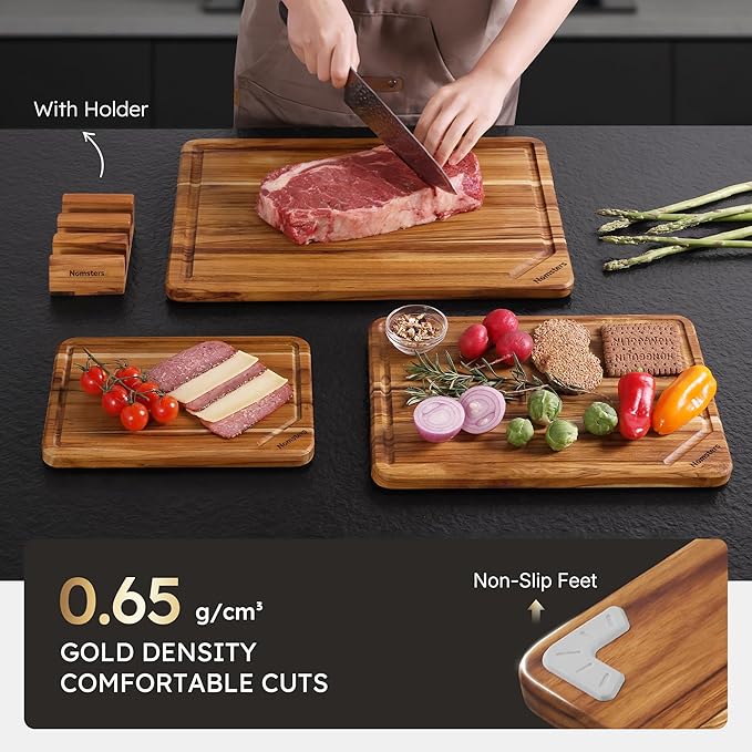 3 Pack Teak Wood Cutting Board Set for Kitchen Charcuterie Board Serving Heavy Duty Non Toxic Slip Hardwood Over Sink Solid Thick Haus Wooden Chopping Board Large Big Small Meat Best Essential Gift