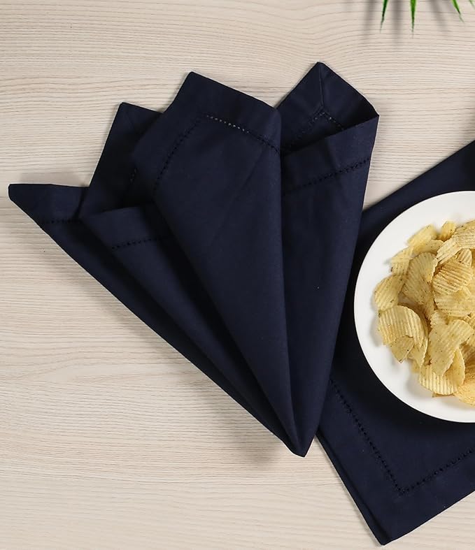 Lightnpro Hemstitched Cotton Cloth Napkins Set of 12-18x18 Inch Navy Dinner Napkins, Washable Fabric Napkins, Christmas & Holiday Table Linens, Elegant Cloth Napkins for Special Occasions