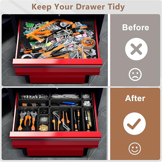 A-LUGEI【𝟰𝟲𝗣𝗖𝗦 & 5 Size】Tool Box Organizer Tray Divider Set, 【Black】 Bathroom Drawer Organizer Bin, Garage Organization and Storage Toolbox Rolling Tool Chest Cart Cabinet WorkBench Small Part