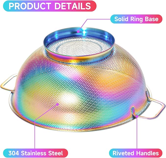 Rainbow Strainer for Kitchen, 3QT, Stainless Steel Colander with Handle for Fruits Vegetables Cooking Food, Dishwasher Safe