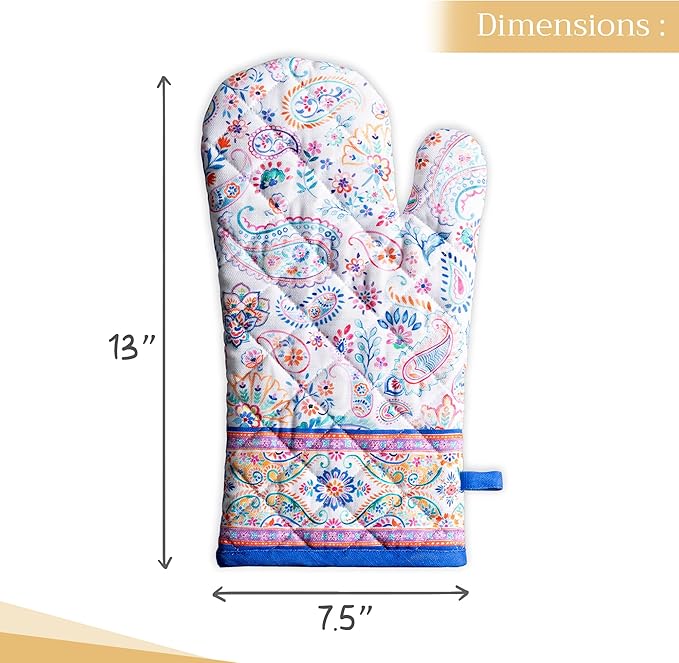 Maison d'Hermine Oven Gloves 100% Cotton Oven Mitt 7" x 13" with Loop Heat Resistant BBQ Cooking Gloves Baking Grilling Gifts for Mothers Day Spring/Summer (Pack of 1, Indian Floral)