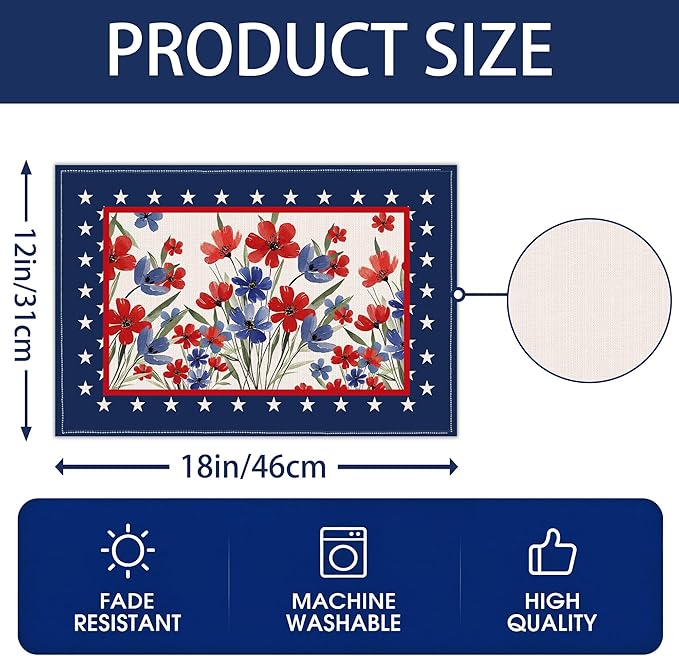 Patriotic Red White Blue Floral Placemats, USA 250th Anniversary 1776-2026 Independence Day Placemats, Watercolor Floral Patriotic Table Mats for 4th of July Memorial Day Party Decor, Set of 4