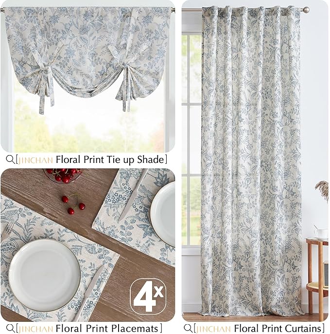 JINCHAN Linen Floral Placemats Set of 4 Cloth Table Mats Rustic Cottagecore Botanical Outdoor Seasonal for Kitchen Dining Table Decor Non-Slip Washable Tablemats 13x19 Inch Blue