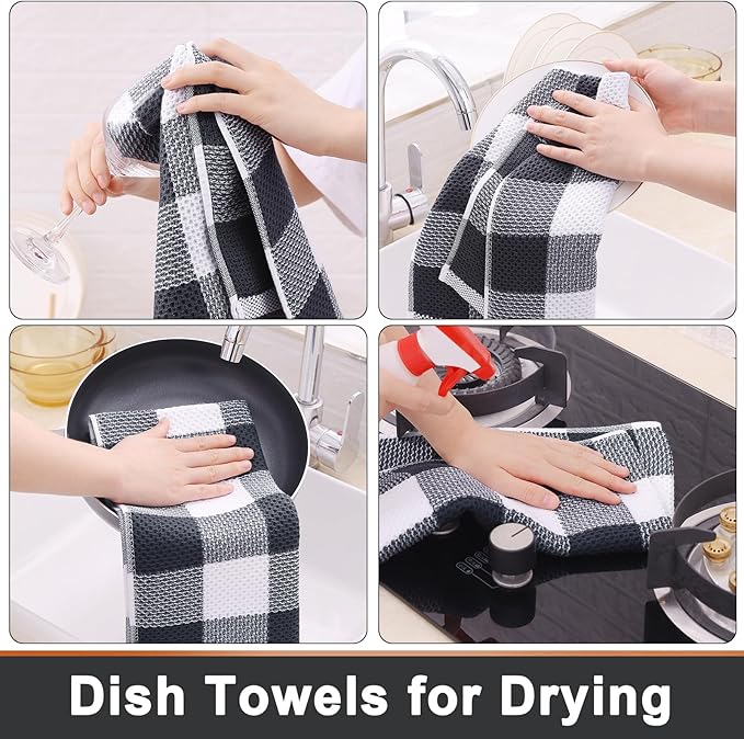 Mordimy 100% Cotton Waffle Weave Kitchen Towels, 13 x 28 Inches, Super Soft and Absorbent Buffalo Check Dish Towels for Drying Dishes, 4-Pack, White & Dark Grey