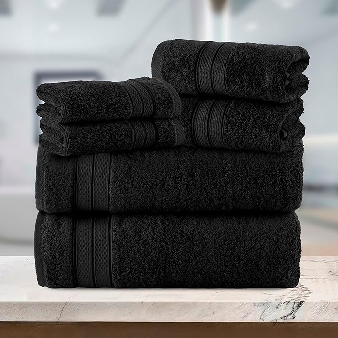 Elegant Comfort Luxury 6-Piece Towel Set, Premium Soft 100% Turkish Cotton, Three Line Popcorn Design 2 Bath Towels, 2 Hand Towels and 2 Washcloths Towel Set - Quick-Drying and Absorbent, Black