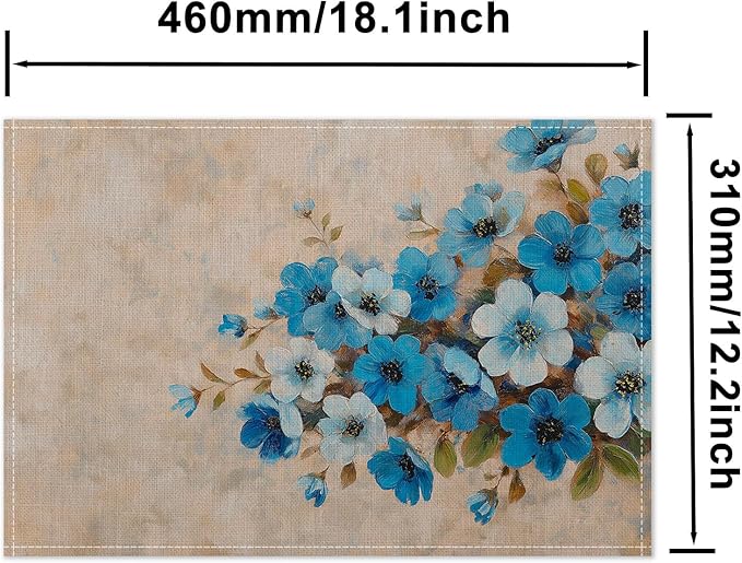 HOMETITUTE Placemats Set of 4 12x18 inch Spring Table Mats for Dining Table Painted Floral Linen Placemats Farmhouse Decorations Kitchen Decor Desk Mat for Outdoor Home Party Kitchen Seasonal Dining
