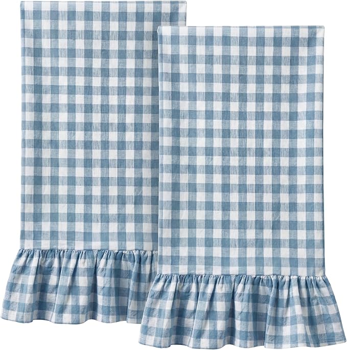 HunnmingRe Kitchen Towels Set of 2, 100% Cotton Ruffled Gingham Dish Towels 18"x28" Absorbent Tea Cloths Classic Plaid Pattern for Farmhouse Charm, Drying Dishes, Entertaining Guests(Blue)