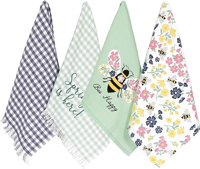 Ritz 100% Cotton Kitchen Towels, Spring Bee – 16"x26" – Absorbent Dish Towels for Drying & Cleaning – Soft & Durable (Set of 4)