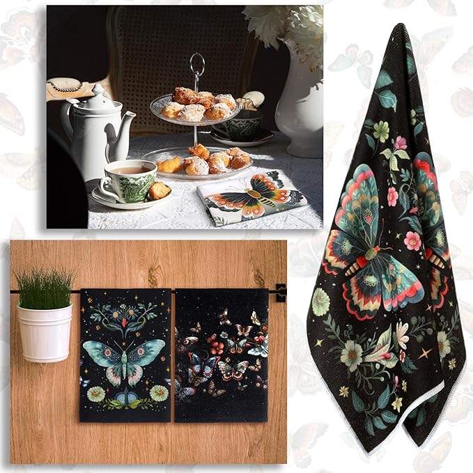 Bencailor 6 Pcs Retro Kitchen Towels 15.7 x 23.6 Inch Farmhouse Vintage Hand Towels Decorative Absorbent Dish Cloth for Bathroom Decor for Cooking Baking Cleaning(Colorful,Butterfly)