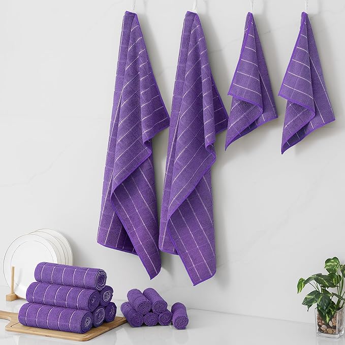 Homaxy Microfiber Kitchen Towels and Dishcloths Set, 20 Pack Soft and Absorbent Dish Hand Towels Bulk, 28 x 16 Inch & 12 x 12 Inch Quick Drying Rags for Washing Dishes, Purple