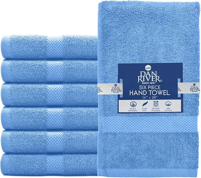 DAN RIVER 6-Pack Premium Hand Towels (16x28 Inches) - 100% Cotton, Ultra Soft, Lightweight, Highly Absorbent Towels for Bathroom, Spa, Gym, Salon, Hotel, and Travel - Medium Blue
