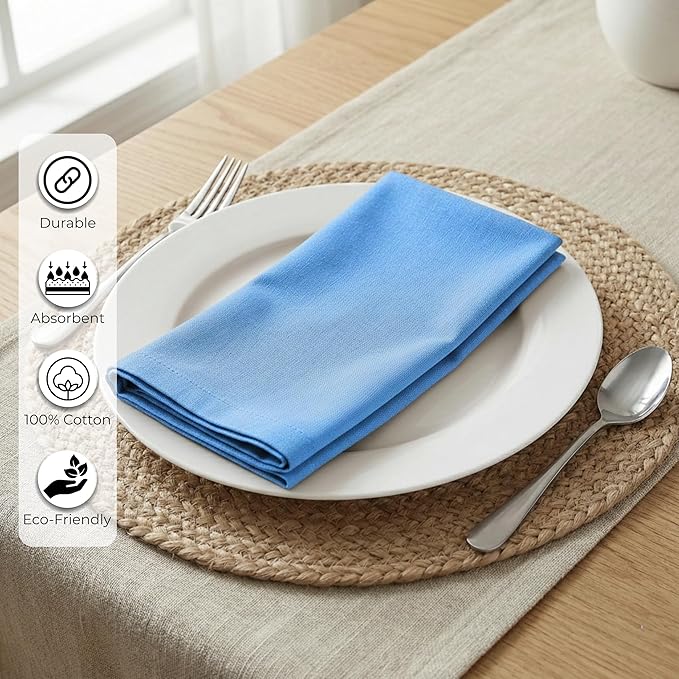 Ramanta Home Light Blue Cotton Dinner Napkins Set of 12, 18x18 Inch 100% Cotton Cloth Napkins, Reusable Fabric Table Napkins for Everyday Dining, Parties, Wedding, Spring & Easter Table Décor Washable
