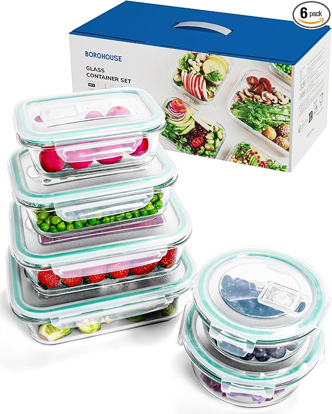 6-Pack Borosilicate Glass Food Storage Containers Set with Airtight Lids - Oven, Microwave & Freezer Safe, Leak-Proof, BPA-Free - Baking, Meal Prep & Gift Ready