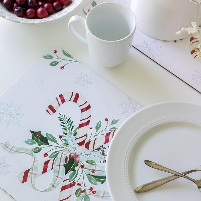 Benson Mills Cork Placemats Set of 4, Thick Cork Place Mats for Kitchen and Dining Tables, Easy Clean Table Mats for Christmas, Winter and Holidays (12" x 16" Rectangular Set of 4, Festive Candy Cane)