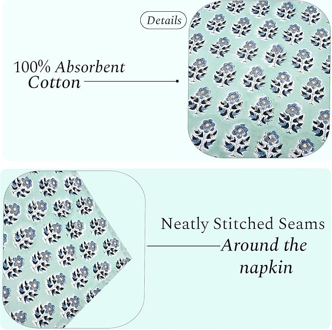 CPC Poppy Blue Indian Block Print Cotton Cloth Napkins Set of 4, 18x18 Reusable Everyday Napkins, Soft, Absorbent, Floral Dinner Napkin, Holiday, Party Gift, Spring,Mother's Day