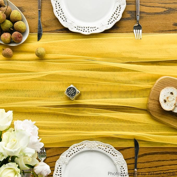 Artoid Mode Yellow Gauze Table Runner 120 Inch 10FT, Seasonal Sheer Kitchen Dining Holiday Wedding Birthday Baby Shower Table Decor for Home Party