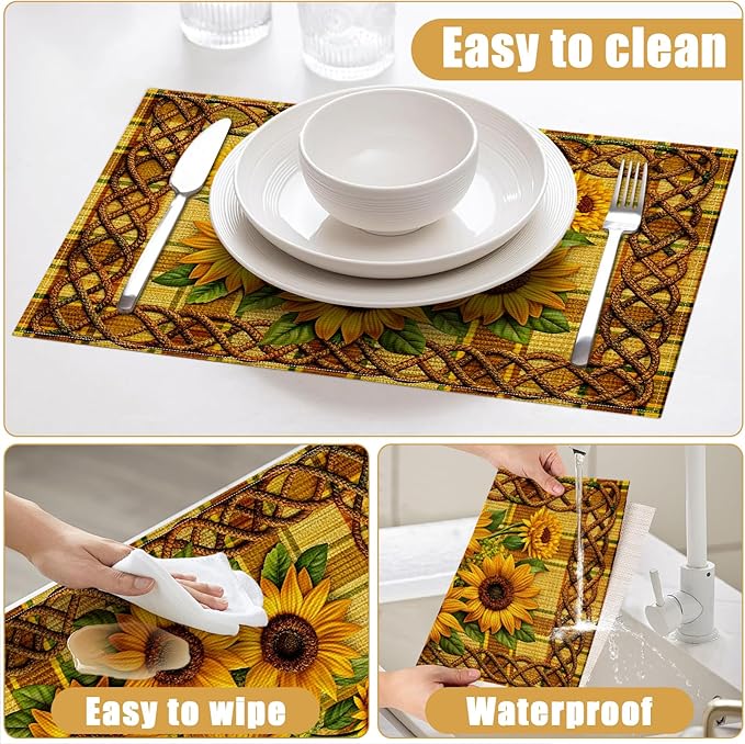 Sunflower Placemats Set of 6, Linen Place Mat Washable Stain Resistant Table Mats for Farmhouse Kitchen Dining Party Wedding Decor 12x18 Inch