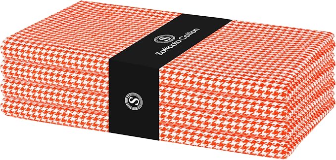 Cloth Napkins 18”X18” 100% Cotton Decorative Washable Table Houndstooth Check Napkin for Kitchen, Party, Wedding, Restaurant & Camping - Orange (Set of 4)