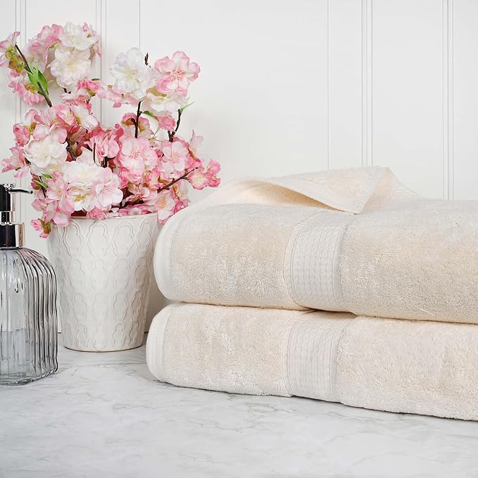 SUPERIOR Egyptian Cotton Pile Bath Sheet Set of 2, Ultra Soft Luxury Towels, Thick Plush Essentials, Absorbent Heavyweight, Guest Bath, Hotel, Spa, Home Bathroom, Shower Basics, Cream