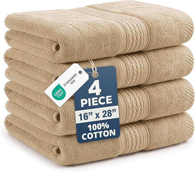 LANE LINEN Bathroom Hand Towels - 4 Pack (16" x 28"), 100% Ringspun Cotton Hand Towel Set - Soft, Lightweight, Fade & Shrink Resistant - Everyday Use, Face Towels for Bathroom, Gym and Travel - Taupe