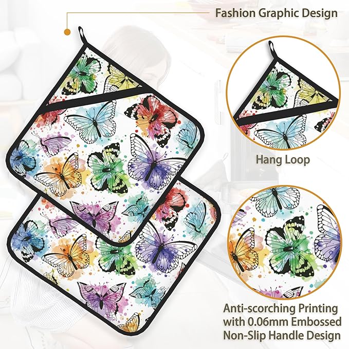 Butterfly Color Pot Holder Set of 2,Heat Resistant Potholders Oven Hot Pads for Kitchen Cooking Baking BBQ