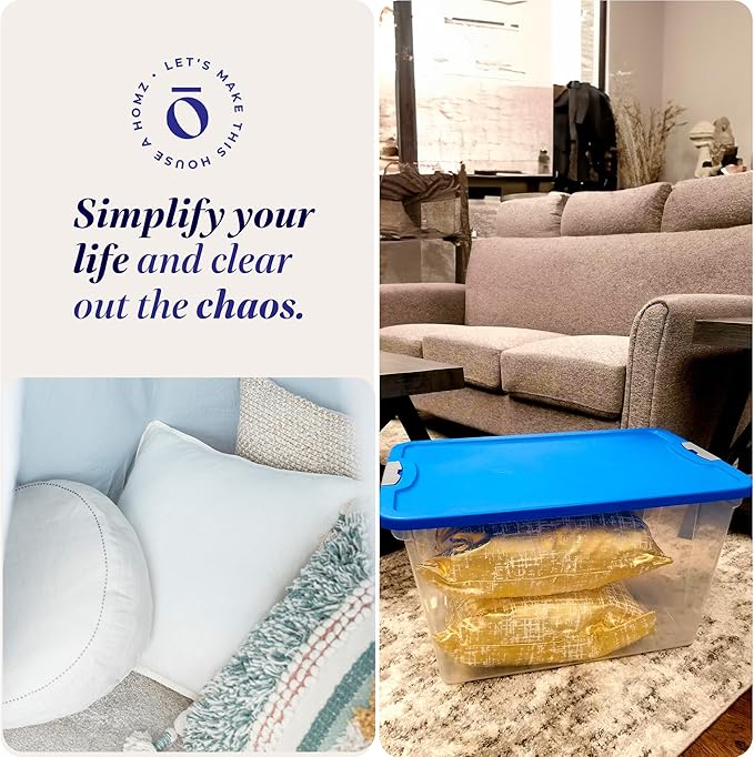 HOMZ 4-Pack Secure Latch, Clear Plastic Storage Organizer Bins, 64 Quart, Blue Lid - Stackable Container Boxes for Bedroom, Bathroom, Garage, and Office Organization