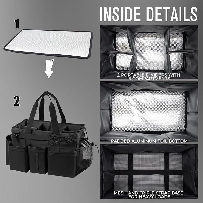 SCAVATA Wearable Cleaning Caddy Organizer with Handle & Shoulder Straps for Housekeepers, Under Sink & Car Cleaning Tool Organizer Bag with 4 Foldable Dividers (Black)