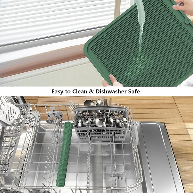 ZLR Large Silicone Dish Drying Mat (16" x 18") - XL Heavy Duty Drainboard Mat for Pots, Pans & Family Loads - Heat Resistant Trivet & Counter Protector, Easy Clean (Dark Green)