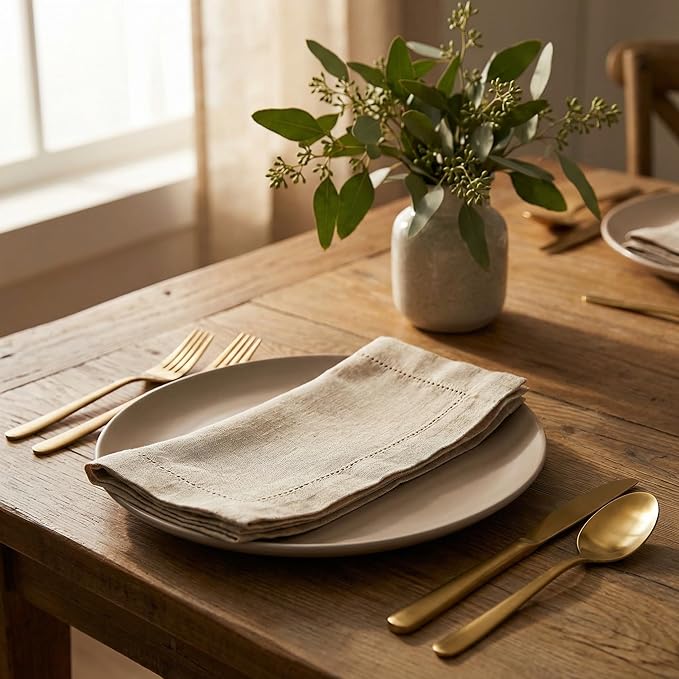 Flax Hemstitchend Cloth Dinner Napkin Set of 4 Natural 20x20 Inches, Decorative Premium Cotton Linen Dinning Table Napkins Ideal for Spring, Easter, Cocktail | Washable Kitchen Napkin for Home Décor