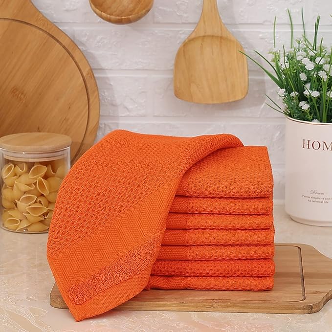 Homaxy 100% Cotton Dish Cloths, 8 Pack - 12 x 12 Inches, Waffle Weave Super Soft and Absorbent Dish Towels Quick Drying Dishcloths, Orange