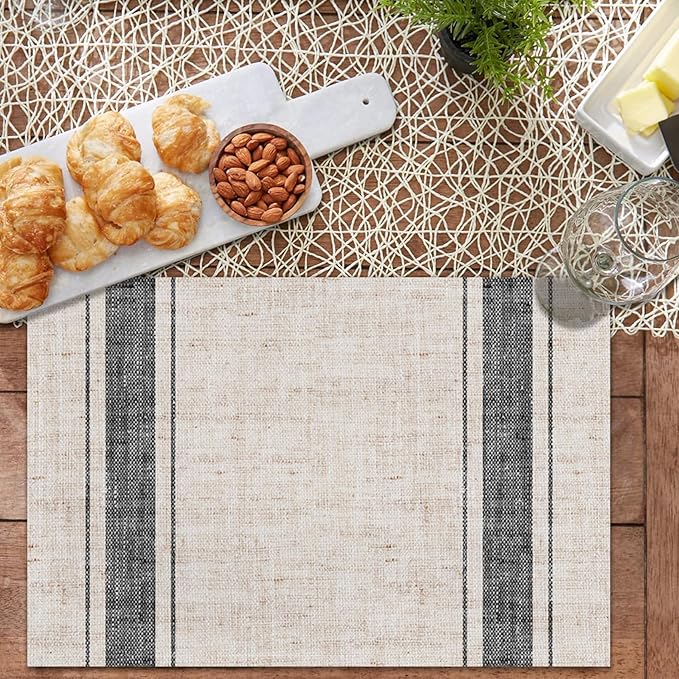 CSFOTO Modern Minimalist Line Decorative Placemats Set of 4 Heat-Resistant Non-Slip Kitchen Table Mats Khaki Woven Rectangle Placemats for Dining Table 18"x12" Washable, Black Stripe