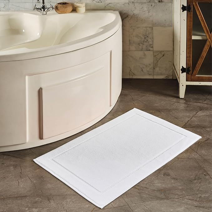Hawmam Linen White Bath Mats, 21 x 34 inches, Pack of 2-100% Ring Spun Cotton,[Not a Bathroom Rug] Banded Design, Highly Absorbent, Machine Washable for Bathroom Floor Towel