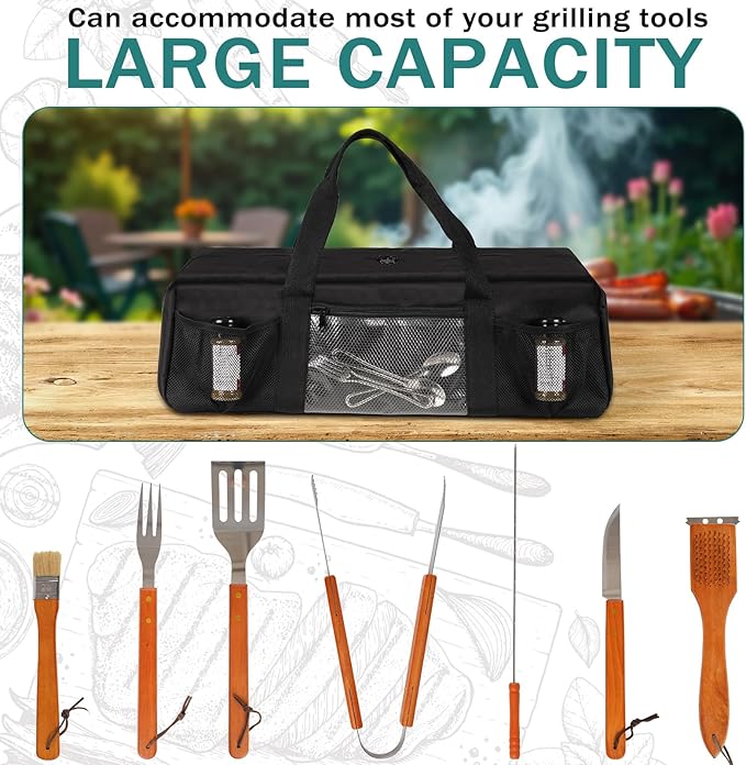 Grill Tool Storage Bag, Large Grill Utensil Storage Caddy with Pockets, BBQ Tools Storage Bag for Outdoor Camping (Black)