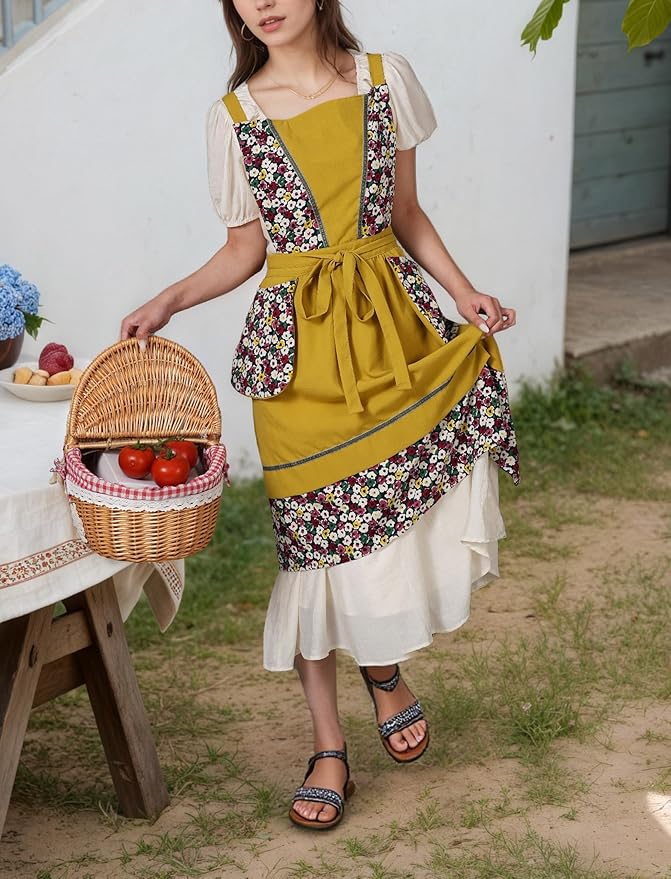 Pinknoke Kitchen Aprons for Women with Pockets Cute Vintage Chef Pinafore Apron for Gardening Cooking Baking Painting