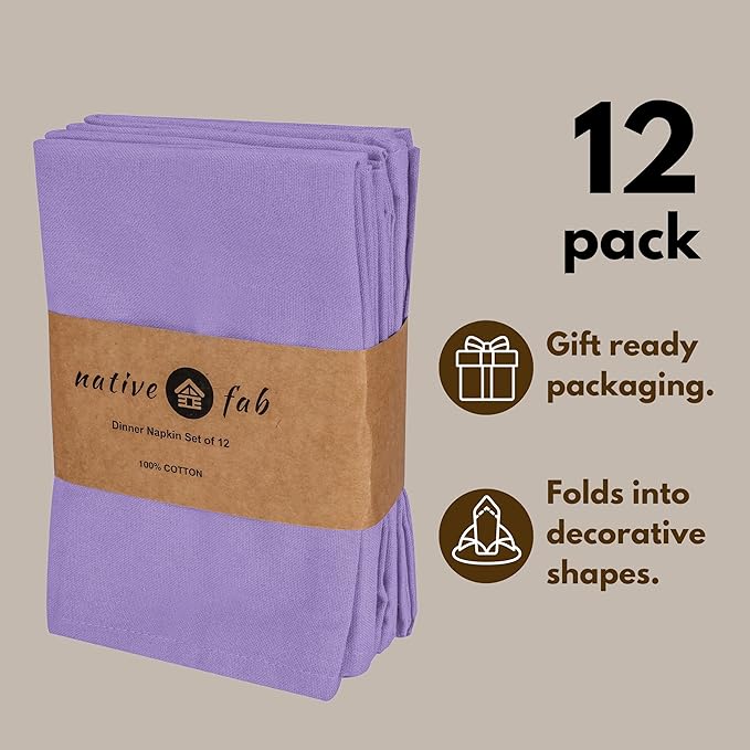 Native Fab Cotton Table Napkins, 12 Pack, 17x17 Inches, Hotel Quality, Durable, Washable Fabric, Ideal for Easter Sunday, Holiday Dinner, Cocktail Parties, Catering, Family Gatherings, Lavender