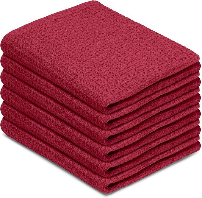 Blue Needles Waffle Weave Kitchen Towels, 15x25 Inches 100% Cotton Set of 6 Dish Towels for Kitchen, Ultra Soft & Absorbent with Hanging Loop, Spring Summer Dish Rags for Quick Drying - Burgundy