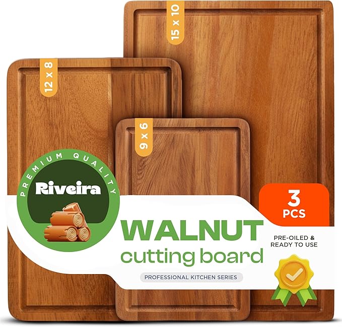 Riveira Walnut Cutting Board Set – Versatile And Durable: Set Of 3 Pcs Rectangular Wooden Cutting Board – Natural Wooden Cutting Boards For Kitchen – Complete Walnut Wooden Chopping Board
