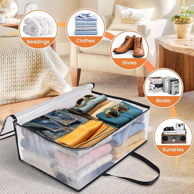 TasticTotes 6 Pack Clear Storage Bags for Comforter, Clothes & Bedding, Plastic Blanket Storage with Zipper and Handle, Moving Bags, Closet Organizer and Under-Bed Storage (60L)